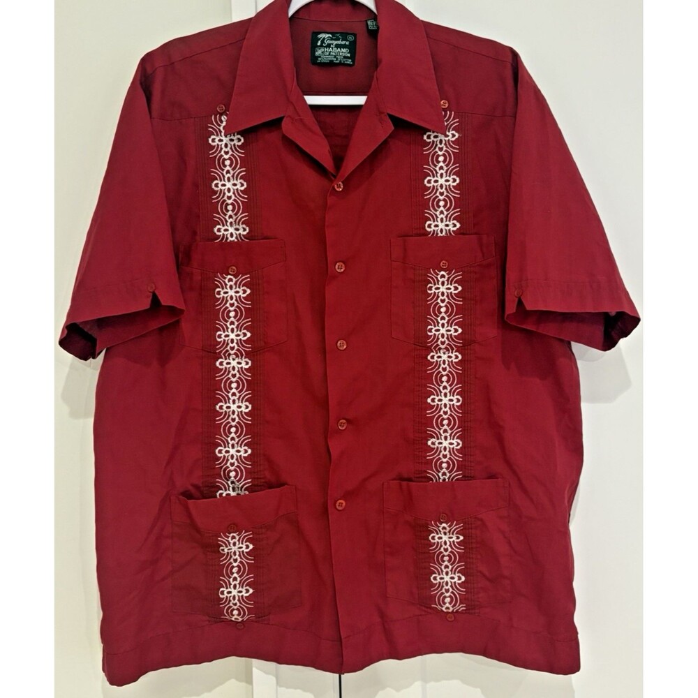 Haband of Paterson Guayabera Men's Shirt XL Red Button Up Short Sleeve Pockets